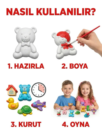 30'lu Dev Figür Boyama Seti Taş Tozu Karışık Hayvan Ve Araçlar Hobi Aktivite Kiti (12 Boya + 2 Fırça)
