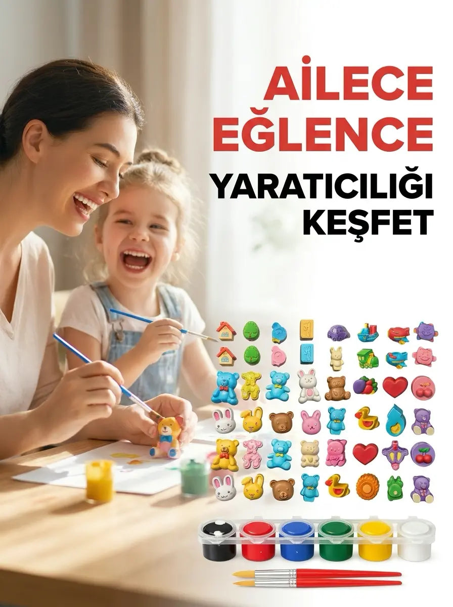 30'lu Dev Figür Boyama Seti Taş Tozu Karışık Hayvan Ve Araçlar Hobi Aktivite Kiti (12 Boya + 2 Fırça)