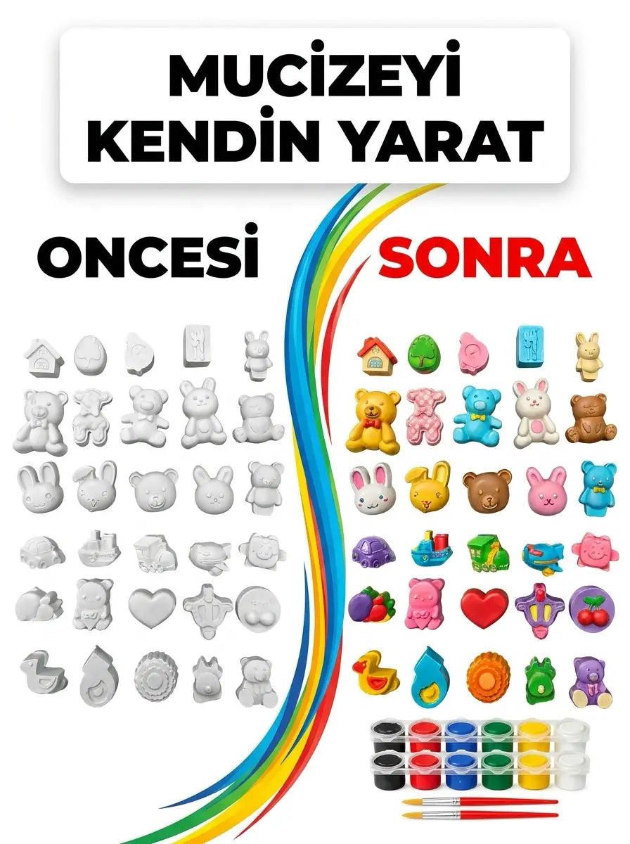 30'lu Dev Figür Boyama Seti Taş Tozu Karışık Hayvan Ve Araçlar Hobi Aktivite Kiti (12 Boya + 2 Fırça)
