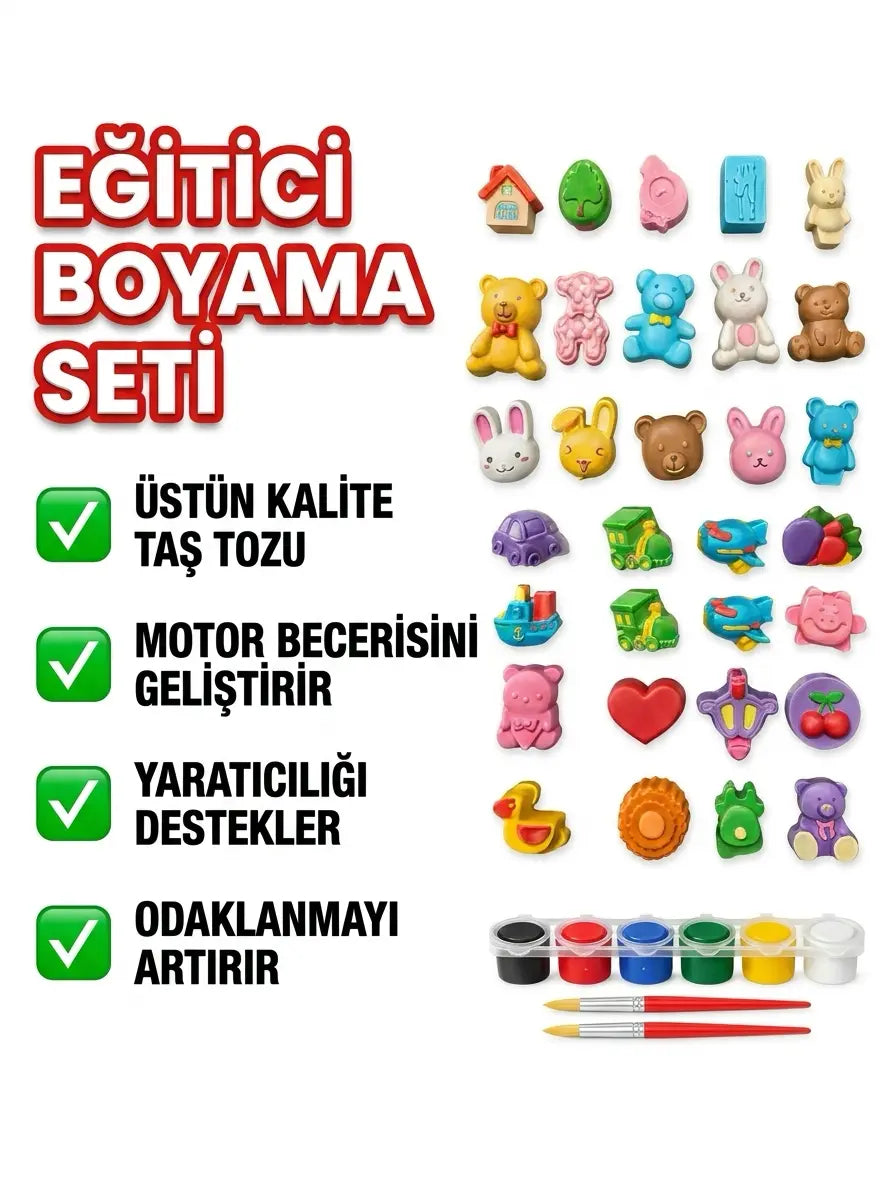 30'lu Dev Figür Boyama Seti Taş Tozu Karışık Hayvan Ve Araçlar Hobi Aktivite Kiti (12 Boya + 2 Fırça)
