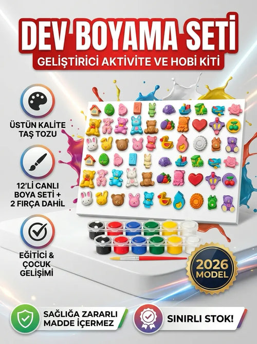 30'lu Dev Figür Boyama Seti Taş Tozu Karışık Hayvan Ve Araçlar Hobi Aktivite Kiti (12 Boya + 2 Fırça)