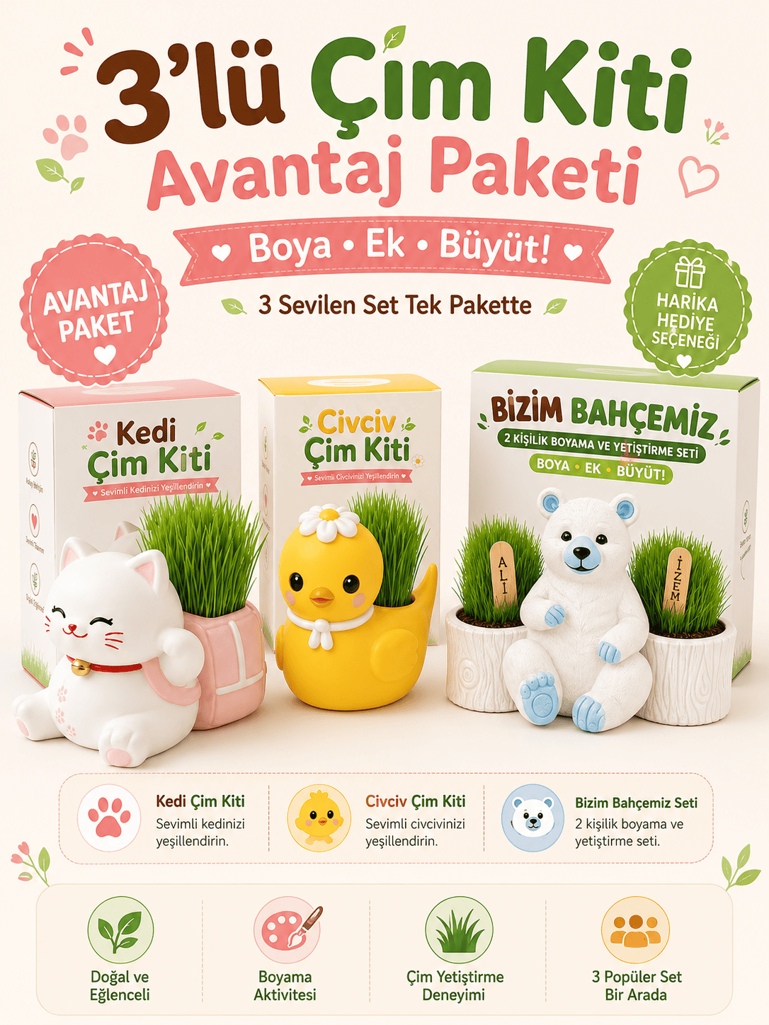 3’lü Çim Yetiştirme Seti – Civciv, Kedi ve Ayıcık