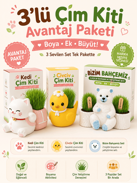3’lü Çim Yetiştirme Seti – Civciv, Kedi ve Ayıcık
