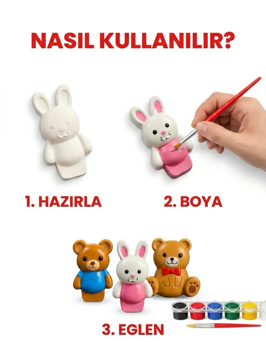 3'lü Figür Boyama Seti Taş Tozu Ayıcık Ve Tavşan Hobi Aktivite Seti (6 Renk Boya + Fırça)