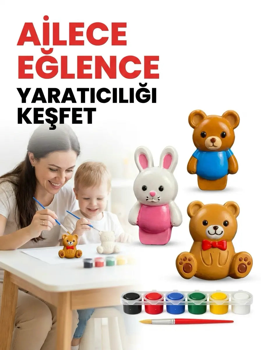 3'lü Figür Boyama Seti Taş Tozu Ayıcık Ve Tavşan Hobi Aktivite Seti (6 Renk Boya + Fırça)