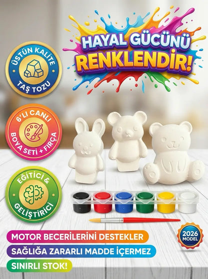 3'lü Figür Boyama Seti Taş Tozu Ayıcık Ve Tavşan Hobi Aktivite Seti (6 Renk Boya + Fırça)