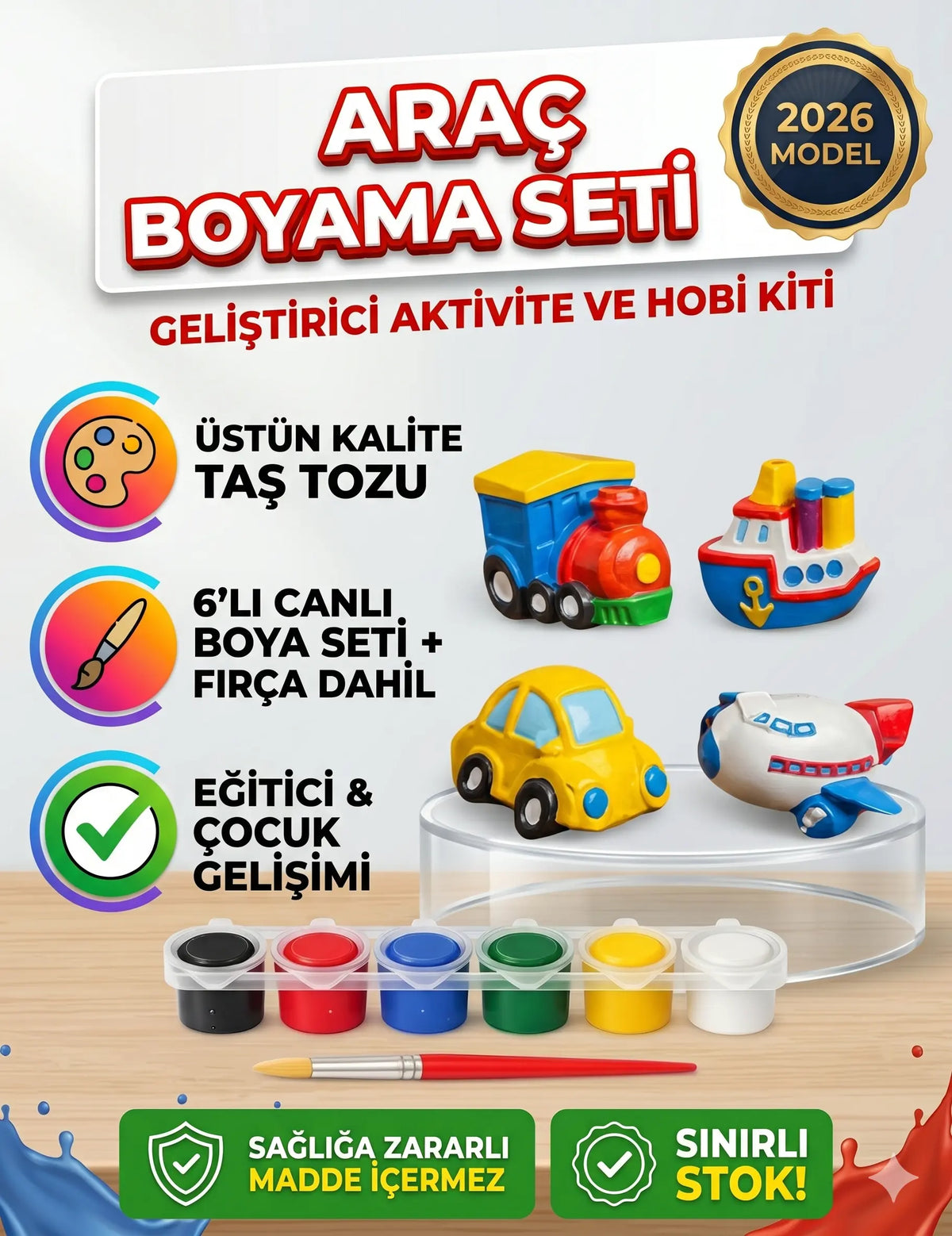 4'lü Figür Araç Boyama Seti Tas Tozu Araba Uçak Gemi Tren Hobi Aktivite Seti (6 Renk Boya + Fırça)