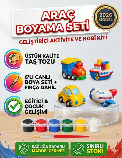 4'lü Figür Araç Boyama Seti Tas Tozu Araba Uçak Gemi Tren Hobi Aktivite Seti (6 Renk Boya + Fırça)