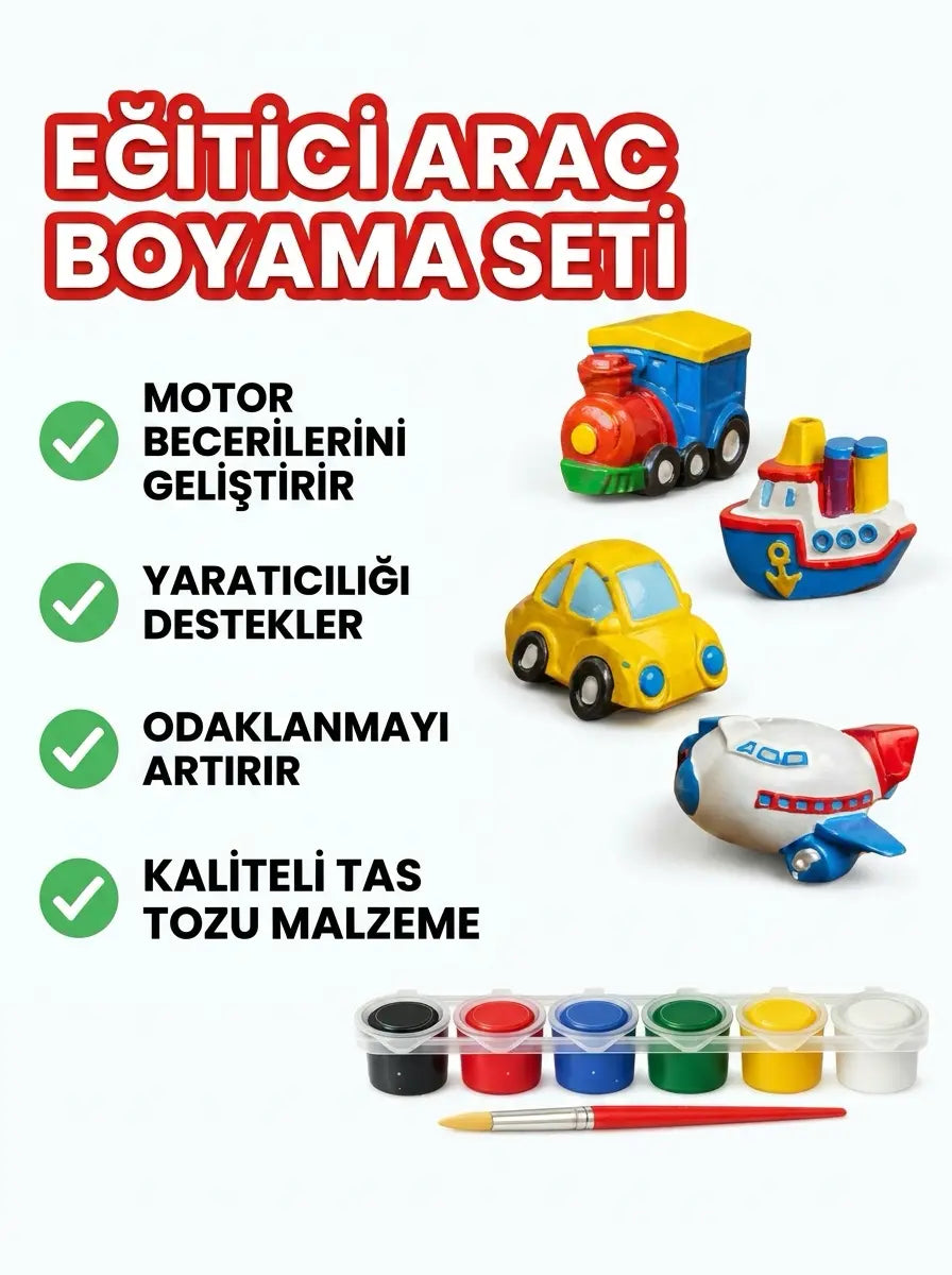 4'lü Figür Araç Boyama Seti Tas Tozu Araba Uçak Gemi Tren Hobi Aktivite Seti (6 Renk Boya + Fırça)