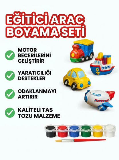 4'lü Figür Araç Boyama Seti Tas Tozu Araba Uçak Gemi Tren Hobi Aktivite Seti (6 Renk Boya + Fırça)