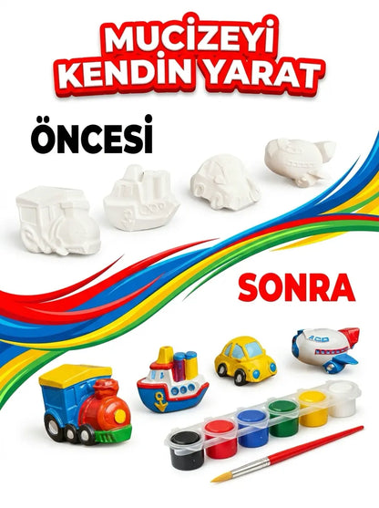 4'lü Figür Araç Boyama Seti Tas Tozu Araba Uçak Gemi Tren Hobi Aktivite Seti (6 Renk Boya + Fırça)