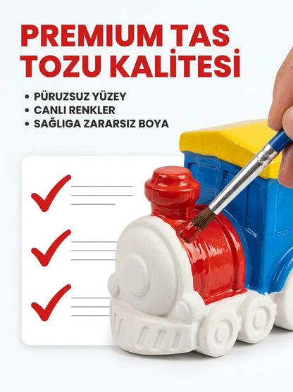 4'lü Figür Araç Boyama Seti Tas Tozu Araba Uçak Gemi Tren Hobi Aktivite Seti (6 Renk Boya + Fırça)