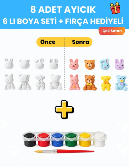 8 Adet Ayıcık Boyama Seti – 6’lı Boya Seti + Fırça Hediyeli